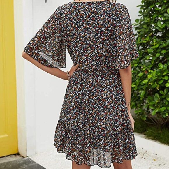 Summer Floral Print V Neck Casual Mini Boho Ruffle Swing Dress (S) - Picture 2 of 6